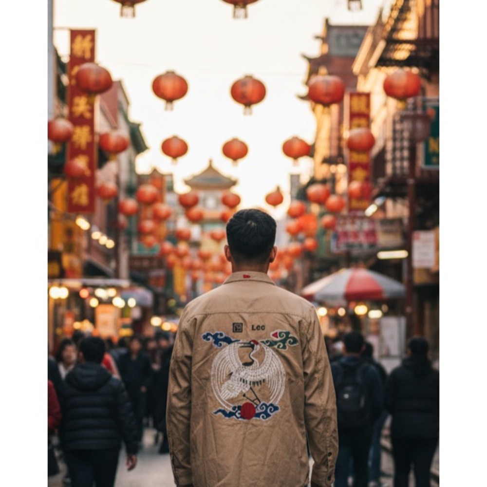 Rare Lee Tan Button Up Shirt Mens Size XL Chinese Forbidden City Crane Bird Tan